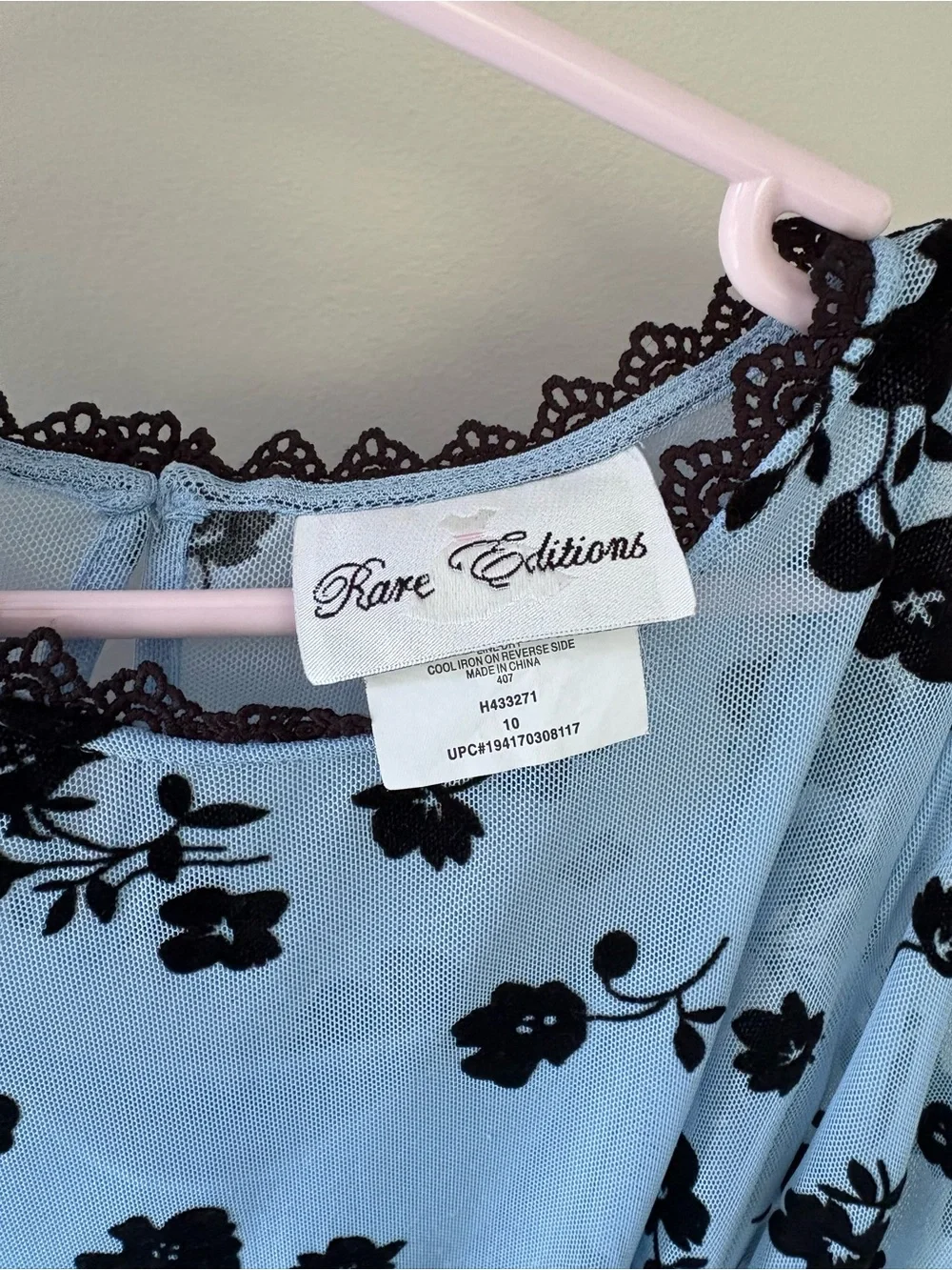 Rare Editions Light Blue Dress with Black Floral Velvet Accents